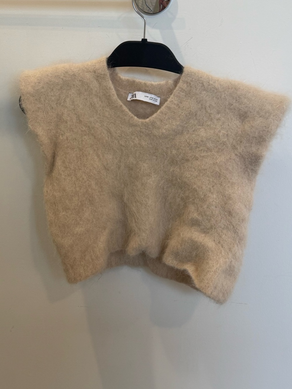 Zara Beige Fuzzy V-Neck Knit Vest